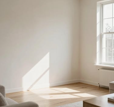 A professional photograph of a bright residential living room with soft off-white walls and polished surfaces, featuring sunlight highlighting the meticulous cleanliness and a fresh atmosphere.