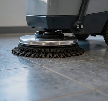 A low-angle photograph of a professional floor cleaning machine being operated on a glossy grey tiled floor, reflecting steel blue and light sky blue light.
