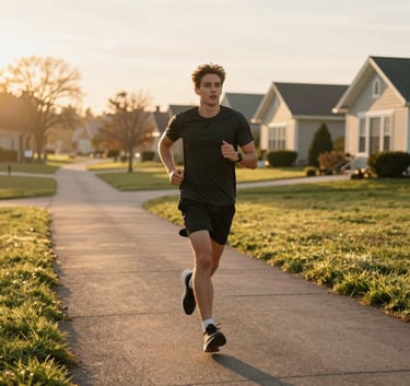A motivated person jogging along a scenic North American suburban park path at sunrise. The lighting is warm and golden, symbolizing a fresh start and the commitment to a health journey. The style is professional lifestyle photography.