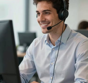 A South American Brazilian professional man wearing a smart-casual shirt and a modern headset, smiling warmly while looking at a computer screen in a bright, contemporary office environment, professional lighting.