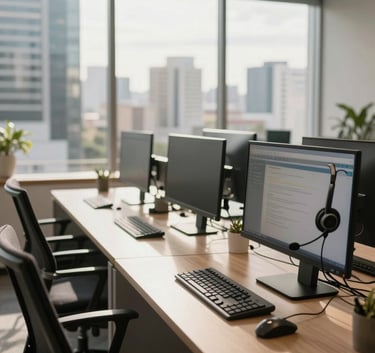 A high-end modern office interior in a South American Brazilian city, focusing on professional tele-servicing workstations with ergonomic chairs, sleek headsets, and multiple monitors, soft morning sunlight, professional and clean atmosphere.