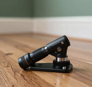 A macro photograph of a professional application tool being used along the edge of a clean, polished wooden floor in a North American / US home. The background is softly blurred with deep sage green and soft white tones.