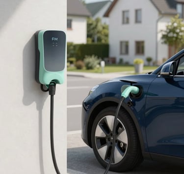 A modern electric vehicle parked in a bright, clean driveway in a German suburb, charging from a wall-mounted unit, soft daylight, navy blue and mint accents.