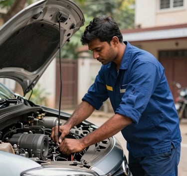 A professional South Asian / Indian mechanic in a deep blue uniform working on a car in a residential Bangalore driveway, sunny day, sharp focus, professional automotive photography style.