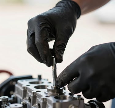 Close-up of a mechanic's hands wearing black gloves, tightening a bolt on a clean engine, bright morning light, off-white background highlights.
