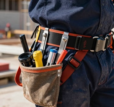 A focused close-up of a roofer's belt with tools, featuring a hint of a deep navy blue uniform, on a sun-drenched construction site, ultra-professional and high-quality photography.