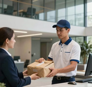 A professional courier in a clean uniform delivering a document pouch to a receptionist in a modern Brazilian corporate building lobby with glass walls and contemporary architecture.