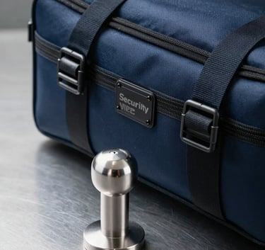 A professional security seal on a high-durability transit bag, resting on a clean metallic surface. Modern corporate lighting, sleek and safe atmosphere, professional tones of dark blue and silver.