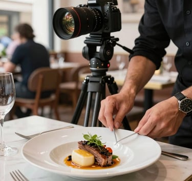 Professional food photography session in a modern Spanish restaurant. A camera on a tripod focuses on a beautifully plated dish while a stylist makes adjustments. Elegant, bright, and professional atmosphere.