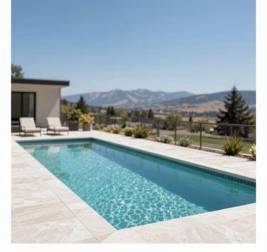 A wide-angle, bright shot of a modern rectangular pool with a clean patio area. The Idaho sky is clear blue. The composition is professional and minimal, emphasizing a seamless customer experience. Pool accents incorporate shades of dark teal (#0B2D3F) and light mist (#F3F8F9).