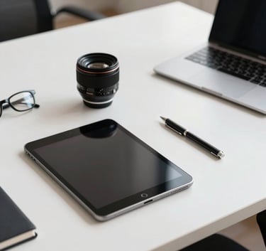 Professional business environment in Central Europe, a clean minimalist desk with a tablet and high-end stationery, soft daylight.