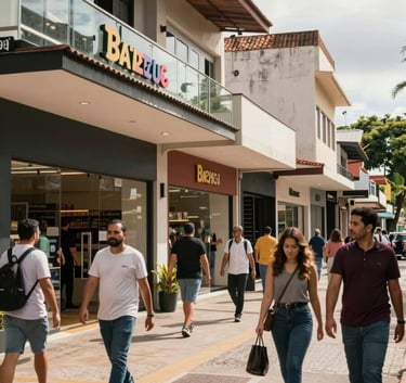 A vibrant Brazilian commercial street scene with modern shop fronts and people walking by, capturing a dynamic and professional business environment during daytime, natural lighting.