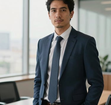 A professional portrait of a business consultant in a modern office in Brazil, wearing elegant professional attire, with a soft morning light coming through large windows, shallow depth of field, colors including soft blue and white.