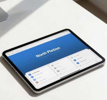 A high-end tablet lying on a clean white desk in a sunlit North American office. The tablet displays a vibrant, user-friendly mobile application interface with clean typography and slate blue elements.