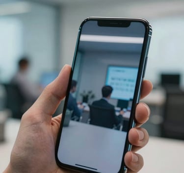 A close-up photograph of a sleek, modern smartphone held by a hand in a professional North American office setting. The screen glow reflects a professional, innovative tech atmosphere with soft blue tones.