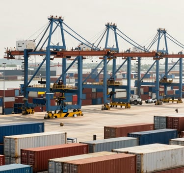 A bustling Global / Corporate logistics hub or cargo port bathed in bright off-white daylight. Medium blue machinery and shipping containers, symbolizing efficient international EXIM operations.