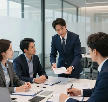 A professional business meeting in a modern Global / Corporate office with glass walls, discussing international trade documents. People are wearing dark navy blue suits and light blue-grey shirts. Bright, efficient lighting.
