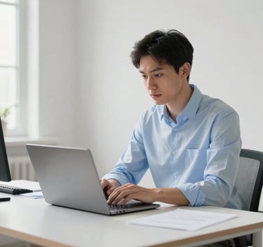 A professional accountant in a light blue shirt working on a laptop in a bright, modern minimalist office, Southern European setting, clean composition with soft shadows.