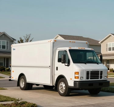 A service truck with professional branding parked in a clean driveway of a North American / US residential neighborhood during the day. The sky is a soft dusty blue, and the atmosphere is reliable and modern.