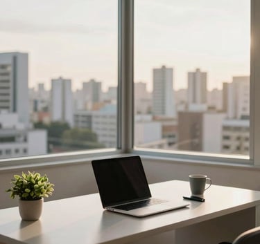 A minimalist and sophisticated home office in a Brazilian apartment, featuring a clean desk with a modern laptop, a small green plant, and a view of a city skyline through a large window, lit by soft afternoon sun.