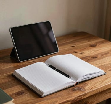 A cozy study nook in a South American home, featuring a wooden desk, an open notebook, and a tablet, with warm lighting creating an inviting and professional atmosphere.