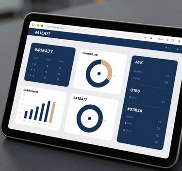 A sophisticated industrial interface displayed on a tablet, showing real-time automation data with professional graphics in shades of #415A77 and #0D1B2A, suggesting reliable system control.