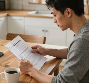 A side view of a focused individual sitting at a wooden kitchen table in a North American home, reviewing financial papers with a cup of coffee nearby, shot in natural morning light.