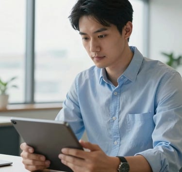 A professional person in a light blue button-down shirt looking confidently at a tablet screen in a bright, modern North American office with large windows.