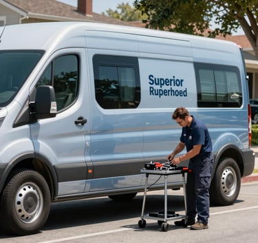 A professional mobile service van branded with minimalist steel blue detailing, parked on a clean, sunny North American suburban street. A technician in professional attire is expertly preparing tools. The lighting is bright and confident, emphasizing reliability and superior service.