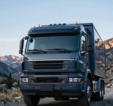 A wide-angle, low-angle photograph of a modern, heavy-duty truck parked in a scenic North American mountainous landscape. The windshield is pristine and gleaming under a clear sky. The composition emphasizes strength and security, with deep space blue and charcoal gray tones in the vehicle's finish.