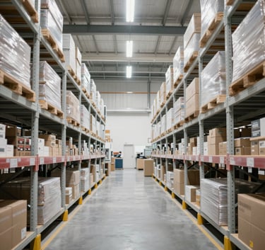 An expansive interior of a clean, state-of-the-art logistics warehouse in the Middle Eastern / Gulf region, featuring organized white shelving units and bright lighting.