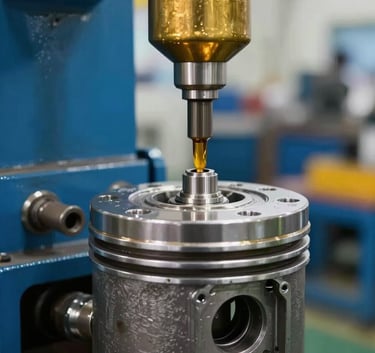 Close-up of golden hydraulic oil being precisely applied to a heavy-duty industrial piston in a South Asian / Indian manufacturing plant. The background shows steel blue machinery.