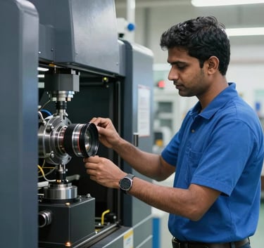 A professional South Asian / Indian industrial engineer in a clean factory setting inspecting high-performance machinery. The lighting is bright and technical, with the scene featuring dark charcoal navy equipment and sky blue highlights.