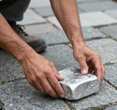 Detailed photograph of a stone mason's hands carefully placing a silver flagstone into a path in a North American / US residential garden.