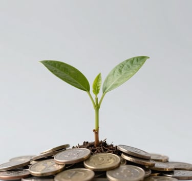 A conceptual, high-quality image of a small green plant growing out of a pile of coins on a light gray #DFE6EB background, symbolizing financial growth and security.
