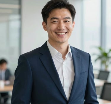 A professional and approachable insurance consultant smiling in a modern office, wearing a navy blue #0A2C42 suit, blurred clean background, bright natural lighting.
