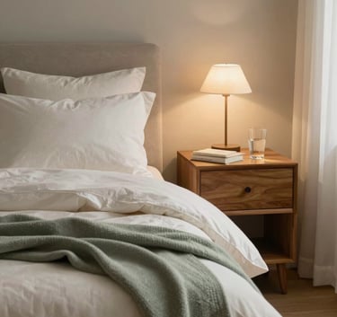 A peaceful bedroom in a North American home, featuring soft off-white bedding and a sage green throw blanket. The lighting is dim and restful, with a single warm bedside lamp illuminating a book and a glass of water on a wooden nightstand.