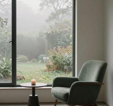A minimalist North American interior with a large window looking out onto a misty morning garden. The room is filled with soft natural light, featuring a comfortable chair in muted green and a small table with a single candle, evoking a sense of calm and trustworthiness.
