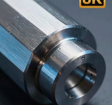 Macro photography of a precision-machined steel component showing intricate detail and smooth finishing. The lighting creates soft blue reflections on the metallic surface.