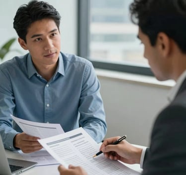 Two professionals in a South American / Brazilian office sharing a meeting over financial spreadsheets. The lighting is bright and modern, incorporating a slate blue and light blue color palette.