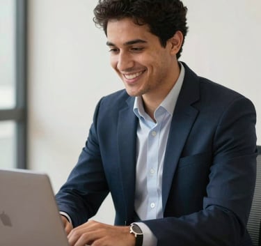 A friendly professional accountant in a modern South American / Brazilian office setting, smiling and looking at a laptop. The atmosphere is professional and welcoming with off-white and dark navy blue tones.