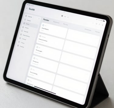 A minimalist productivity setup in a bright North American / US studio, close-up on a high-end tablet showing a project management dashboard, ice white and steel grey color palette.