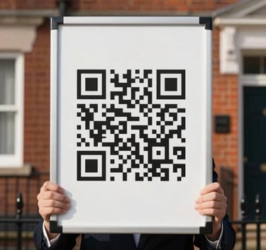 A professional estate agent board standing in front of a traditional British red-brick house. The board features a prominent, clean QR code. The lighting is bright and natural, reflecting a trustworthy and professional service. Palette colors of off-white and dark navy are visible.