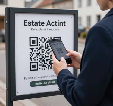 Photography of a person in a smart navy coat using a smartphone to scan a QR code on a modern estate agent board. The setting is a clean, affluent Northern European residential street during the daytime. The atmosphere is efficient and tech-forward.