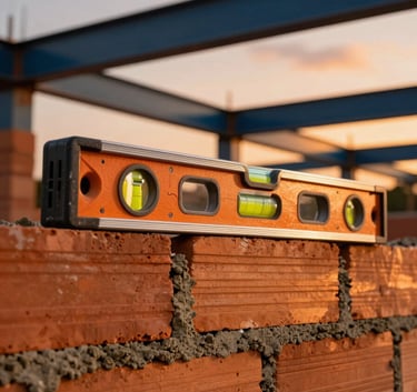 A close-up of a professional spirit level resting on a freshly laid brick wall at a South American Brazilian construction site, vibrant orange sunset light hitting the texture of the mortar and midnight blue steel beams in the background.
