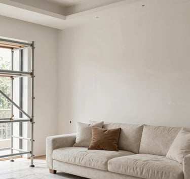 A modern South American Brazilian living room during a high-end renovation, showing clean plaster work, elegant soft off-white walls, and professional scaffolding, bright natural lighting.