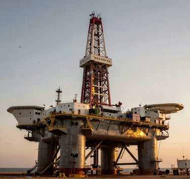 A low angle shot of an offshore oil rig operating during sunset, warm desert gold lighting reflecting on the steel structure, International / Global.