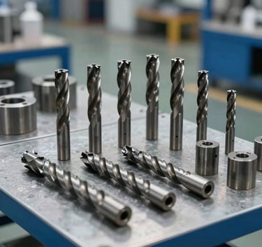 Clean, high-quality industrial drill bits and technical components arranged in a modern steel-blue warehouse, International / Global.