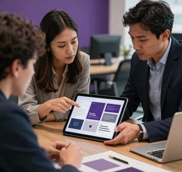 A collaborative team meeting in a North American / US office, with two professionals looking at a tablet displaying branding mood boards. Sophisticated, modern atmosphere with deep purple accents in the decor.