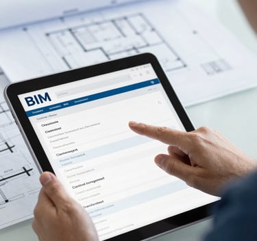 A close-up shot of a professional BIM coordinator pointing at a clash detection report on a digital tablet. The background features blurred architectural blueprints with #7ABDCF and #EBF4F7 color accents.